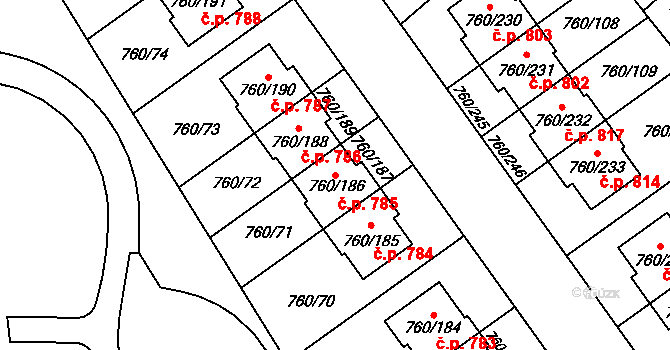 Letňany 785, Praha na parcele st. 760/186 v KÚ Letňany, Katastrální mapa