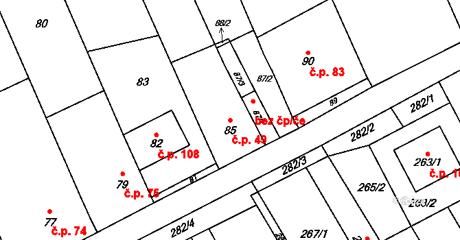 Bílany 49, Kroměříž na parcele st. 85 v KÚ Bílany, Katastrální mapa