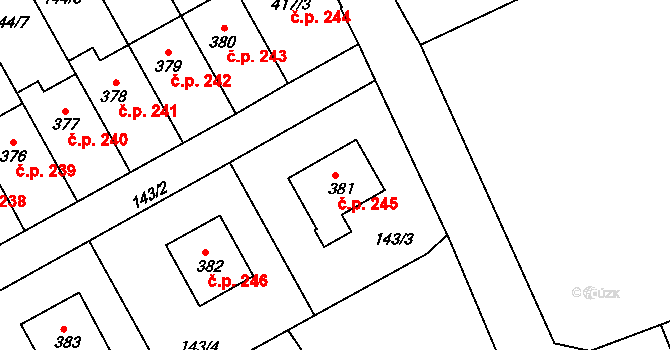 Hrubčice 245 na parcele st. 381 v KÚ Hrubčice, Katastrální mapa