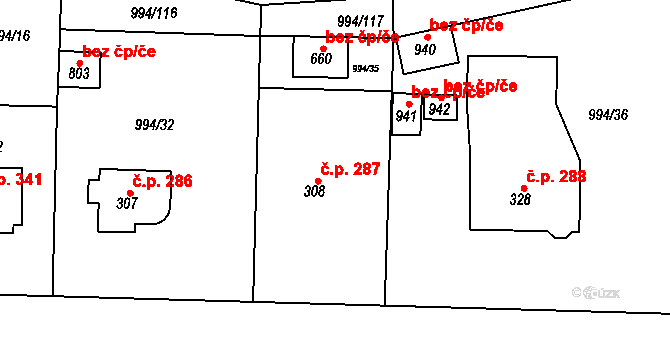 Jevišovice 287 na parcele st. 308 v KÚ Jevišovice, Katastrální mapa