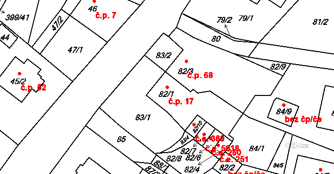 Hruškové Dvory 17, Jihlava na parcele st. 82/1 v KÚ Hruškové Dvory, Katastrální mapa