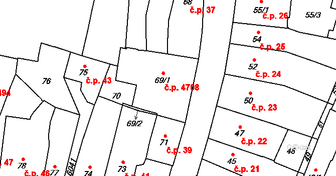 Jihlava 4708 na parcele st. 69/1 v KÚ Jihlava, Katastrální mapa