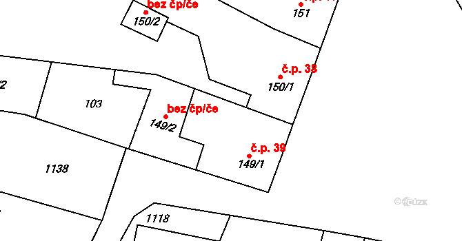 Rožďalovice 39 na parcele st. 149/1 v KÚ Rožďalovice, Katastrální mapa