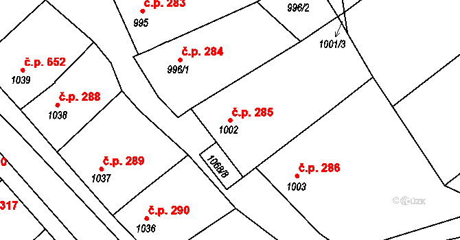 Šardice 285 na parcele st. 1002 v KÚ Šardice, Katastrální mapa