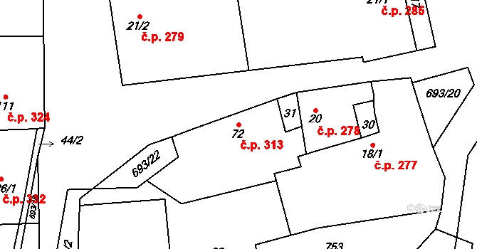 Vrbice 313, Mšené-lázně na parcele st. 72 v KÚ Vrbice u Mšeného-lázní, Katastrální mapa
