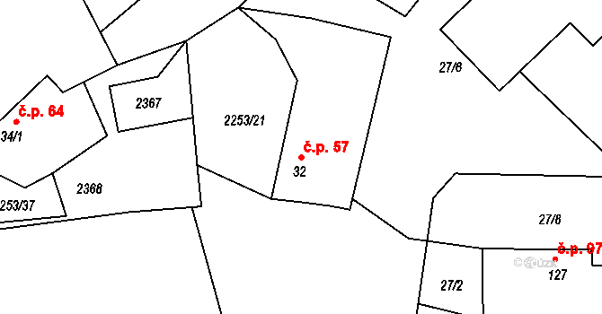 Březina 57 na parcele st. 32 v KÚ Březina u Deštné, Katastrální mapa