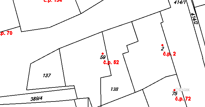 Přední Lhota 52, Poděbrady na parcele st. 59 v KÚ Přední Lhota u Poděbrad, Katastrální mapa
