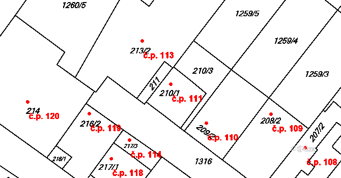 Myslibořice 111 na parcele st. 210/1 v KÚ Myslibořice, Katastrální mapa