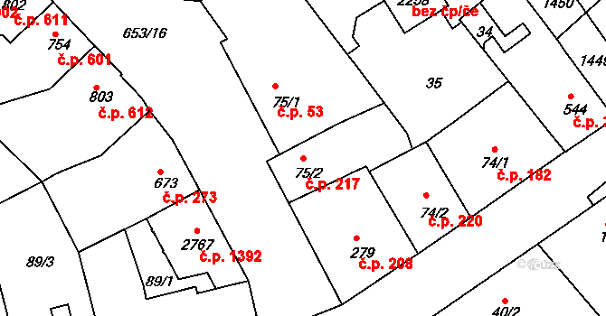 Uherské Hradiště 217 na parcele st. 75/2 v KÚ Uherské Hradiště, Katastrální mapa