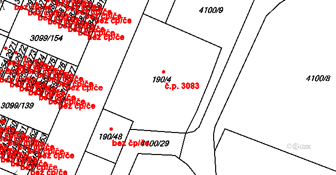 Břeclav 3083 na parcele st. 190/4 v KÚ Břeclav, Katastrální mapa