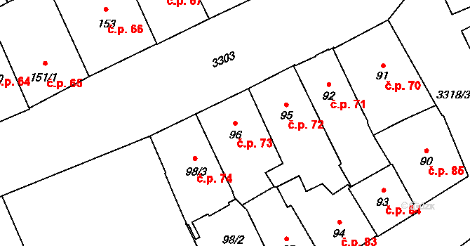 Pelhřimov 73 na parcele st. 96 v KÚ Pelhřimov, Katastrální mapa