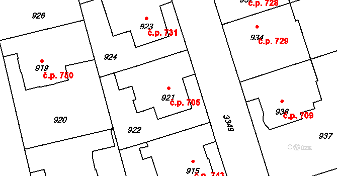 Pelhřimov 705 na parcele st. 921 v KÚ Pelhřimov, Katastrální mapa
