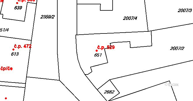 Pacov 529 na parcele st. 651 v KÚ Pacov, Katastrální mapa