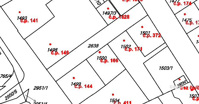 Braník 166, Praha na parcele st. 1500 v KÚ Braník, Katastrální mapa