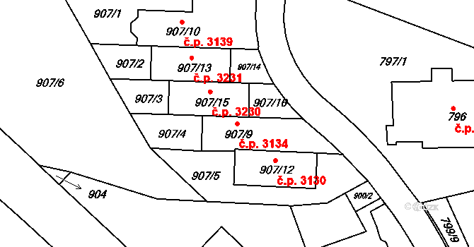 Smíchov 3134, Praha na parcele st. 907/9 v KÚ Smíchov, Katastrální mapa