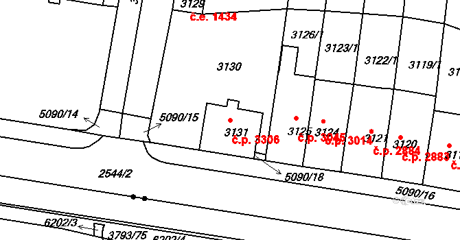 Chomutov 3306 na parcele st. 3131 v KÚ Chomutov II, Katastrální mapa