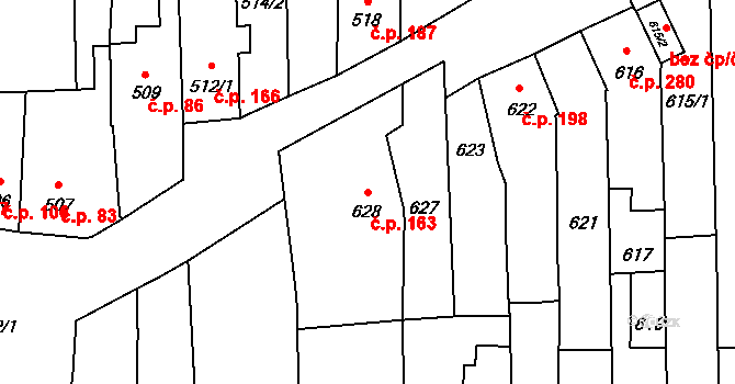 Opatovice 163 na parcele st. 628 v KÚ Opatovice u Rajhradu, Katastrální mapa