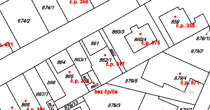 Zbýšov 317 na parcele st. 862/1 v KÚ Zbýšov u Oslavan, Katastrální mapa