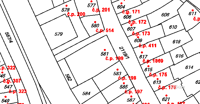 Šlapanice 199 na parcele st. 581 v KÚ Šlapanice u Brna, Katastrální mapa