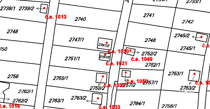 Bystřice nad Pernštejnem 1031 na parcele st. 2751/2 v KÚ Bystřice nad Pernštejnem, Katastrální mapa