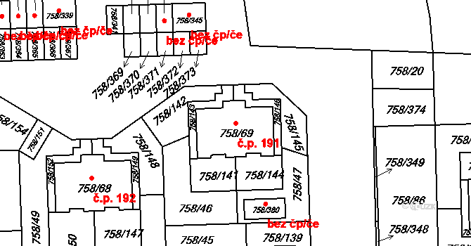 Blížejov 191 na parcele st. 758/69 v KÚ Blížejov, Katastrální mapa