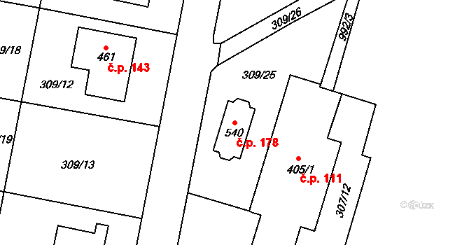 Doubravčice 178 na parcele st. 540 v KÚ Doubravčice, Katastrální mapa