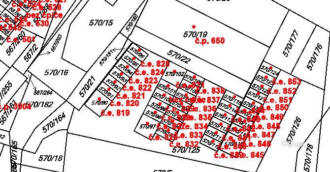 Vyškov-Předměstí 830, Vyškov na parcele st. 570/101 v KÚ Vyškov, Katastrální mapa