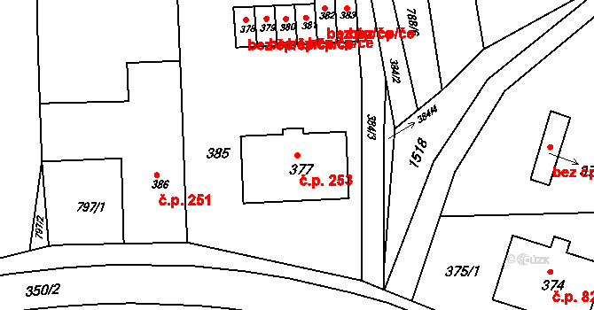 Hrušky 253 na parcele st. 377 v KÚ Hrušky u Brna, Katastrální mapa