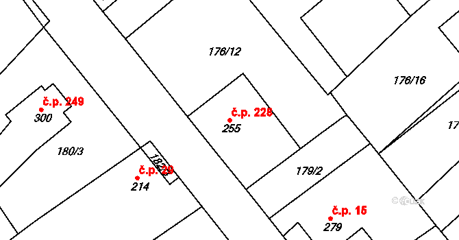 Rosice 228 na parcele st. 255 v KÚ Rosice u Chrasti, Katastrální mapa