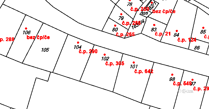 Drnovice 305 na parcele st. 102 v KÚ Drnovice u Vyškova, Katastrální mapa