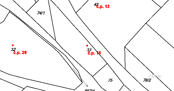 Svučice 15, Mišovice na parcele st. 33 v KÚ Svučice, Katastrální mapa