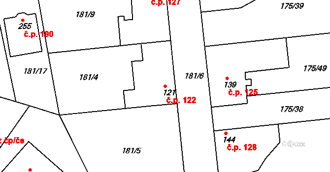 Chýně 122 na parcele st. 121 v KÚ Chýně, Katastrální mapa