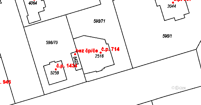 Bílé Předměstí 714, Pardubice na parcele st. 2518 v KÚ Pardubice, Katastrální mapa