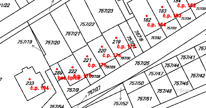 Molenburk 174, Vysočany na parcele st. 220 v KÚ Molenburk, Katastrální mapa