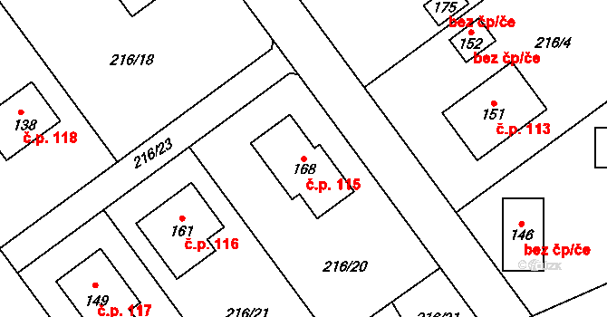 Olešnice 115 na parcele st. 168 v KÚ Olešnice nad Cidlinou, Katastrální mapa