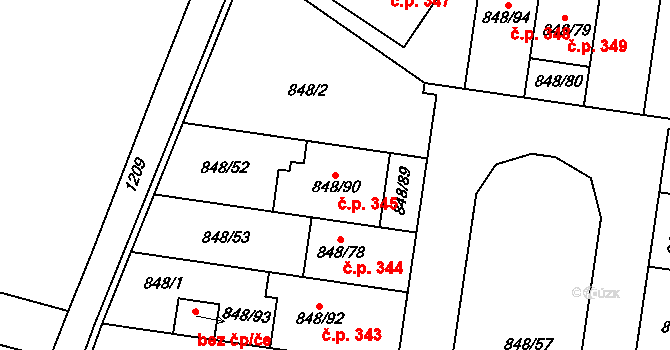 Jestřebí 345, Rájec-Jestřebí na parcele st. 848/90 v KÚ Jestřebí, Katastrální mapa