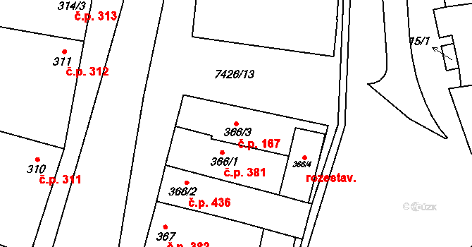 Dambořice 167 na parcele st. 366/3 v KÚ Dambořice, Katastrální mapa