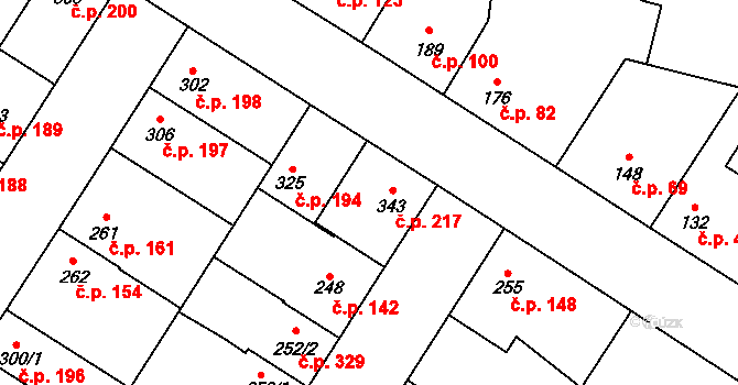 Humny 217, Pchery na parcele st. 343 v KÚ Pchery, Katastrální mapa