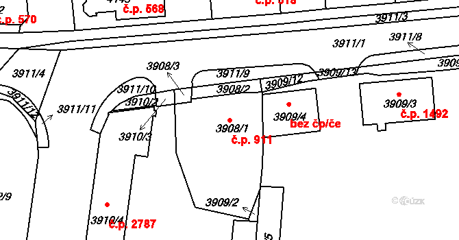 Kročehlavy 911, Kladno na parcele st. 3908/1 v KÚ Kročehlavy, Katastrální mapa