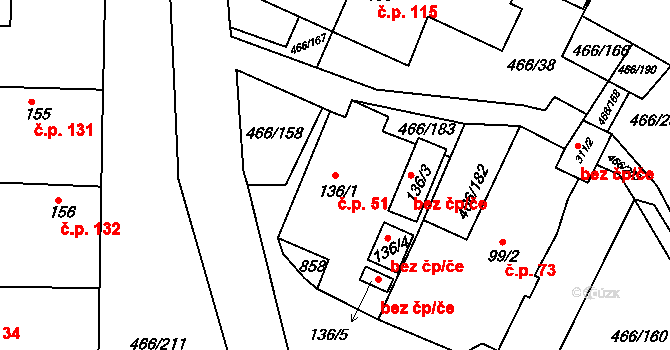 Broumy 51 na parcele st. 136/1 v KÚ Broumy, Katastrální mapa