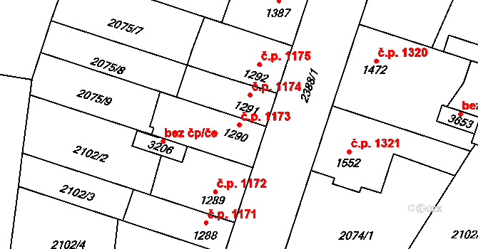 Hořice 1173 na parcele st. 1290 v KÚ Hořice v Podkrkonoší, Katastrální mapa