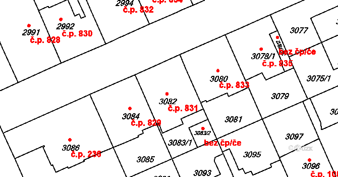 Černá Pole 831, Brno na parcele st. 3082 v KÚ Černá Pole, Katastrální mapa