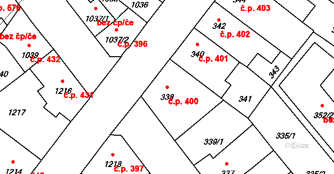 Pelhřimov 400 na parcele st. 338 v KÚ Pelhřimov, Katastrální mapa