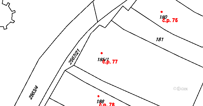 Pacov 77 na parcele st. 185/1 v KÚ Pacov, Katastrální mapa