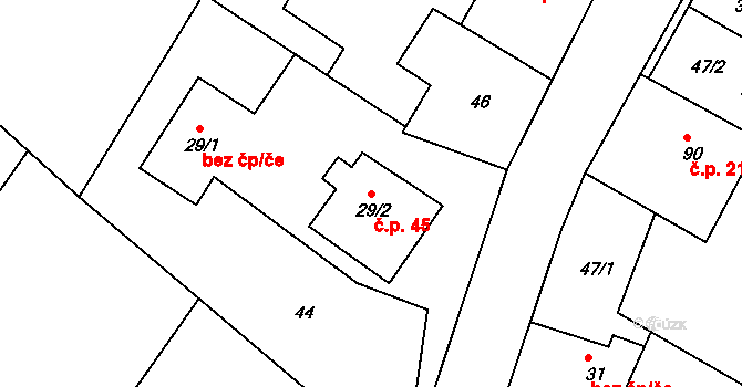 Hněvčeves 45 na parcele st. 29/2 v KÚ Hněvčeves, Katastrální mapa