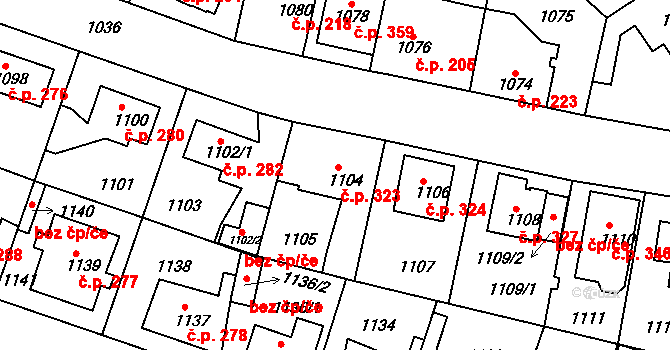 Kolovraty 323, Praha na parcele st. 1104 v KÚ Kolovraty, Katastrální mapa