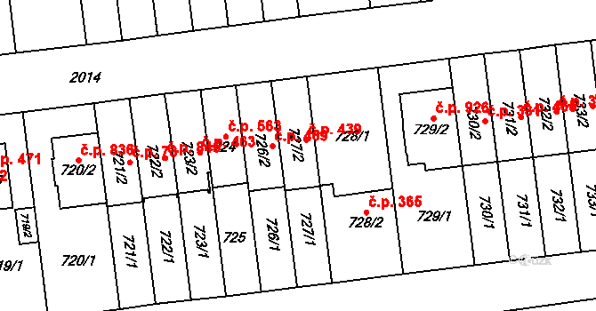 Vysočany 439, Praha na parcele st. 727/2 v KÚ Vysočany, Katastrální mapa
