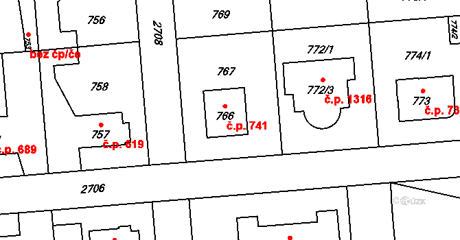 Kyje 741, Praha na parcele st. 766 v KÚ Kyje, Katastrální mapa