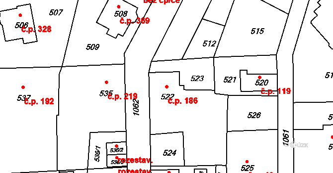 Liberec VII-Horní Růžodol 186, Liberec na parcele st. 522 v KÚ Horní Růžodol, Katastrální mapa