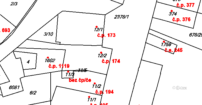 Rosice 174 na parcele st. 12/2 v KÚ Rosice u Brna, Katastrální mapa